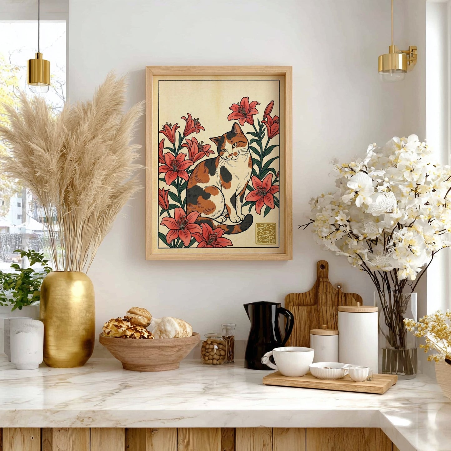 Calico cat poster featuring vibrant lilies in Japanese art style