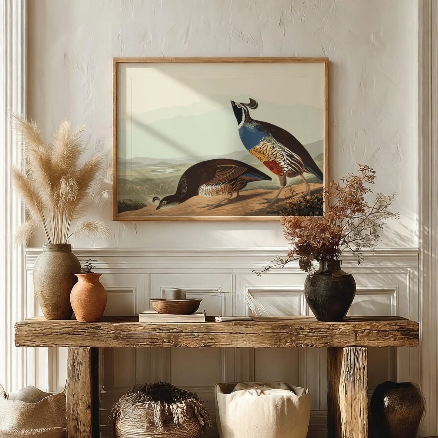 California Partridge poster featuring vintage bird art in earthy tones, perfect for wall decor and