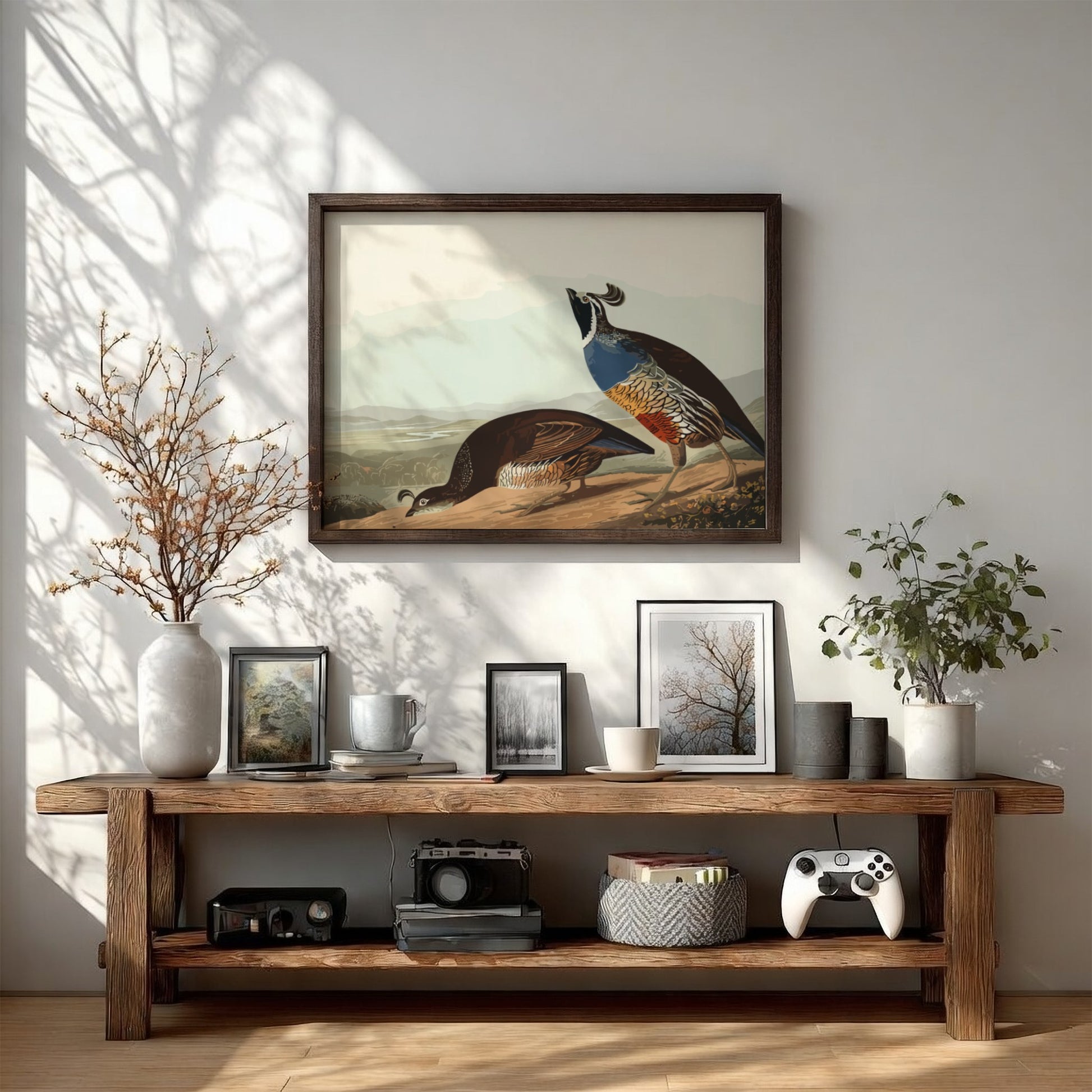 California Partridge poster featuring vintage bird art in earthy tones, perfect for wall decor and