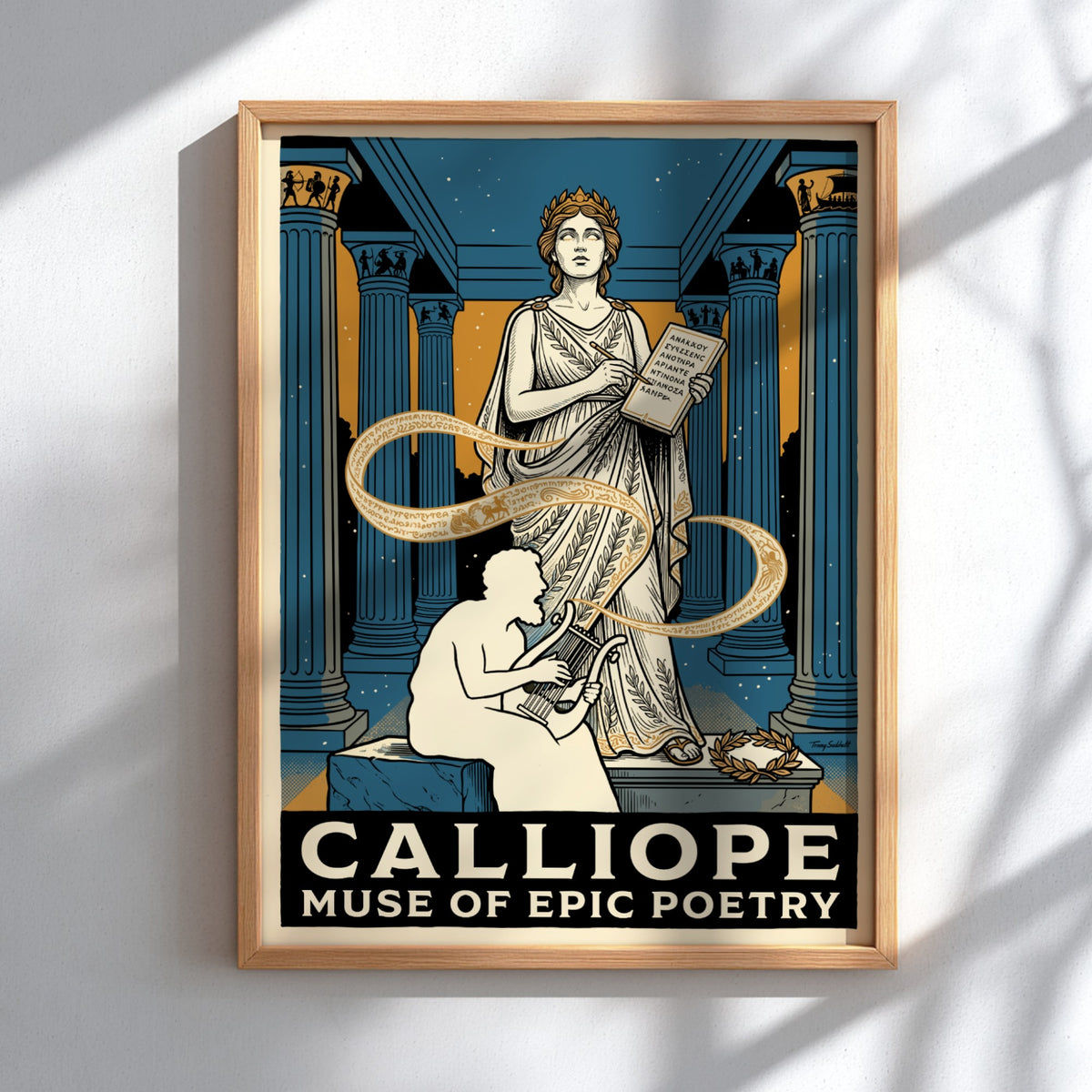 Poster featuring Calliope the muse of epic poetry with a seated musician in blue