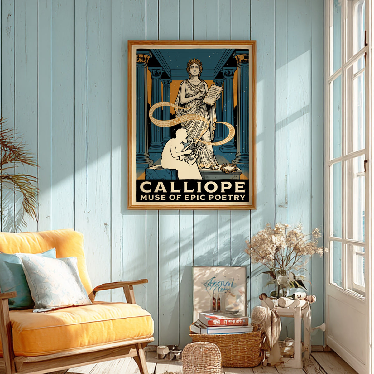 Poster featuring Calliope the muse of epic poetry with a seated musician in blue