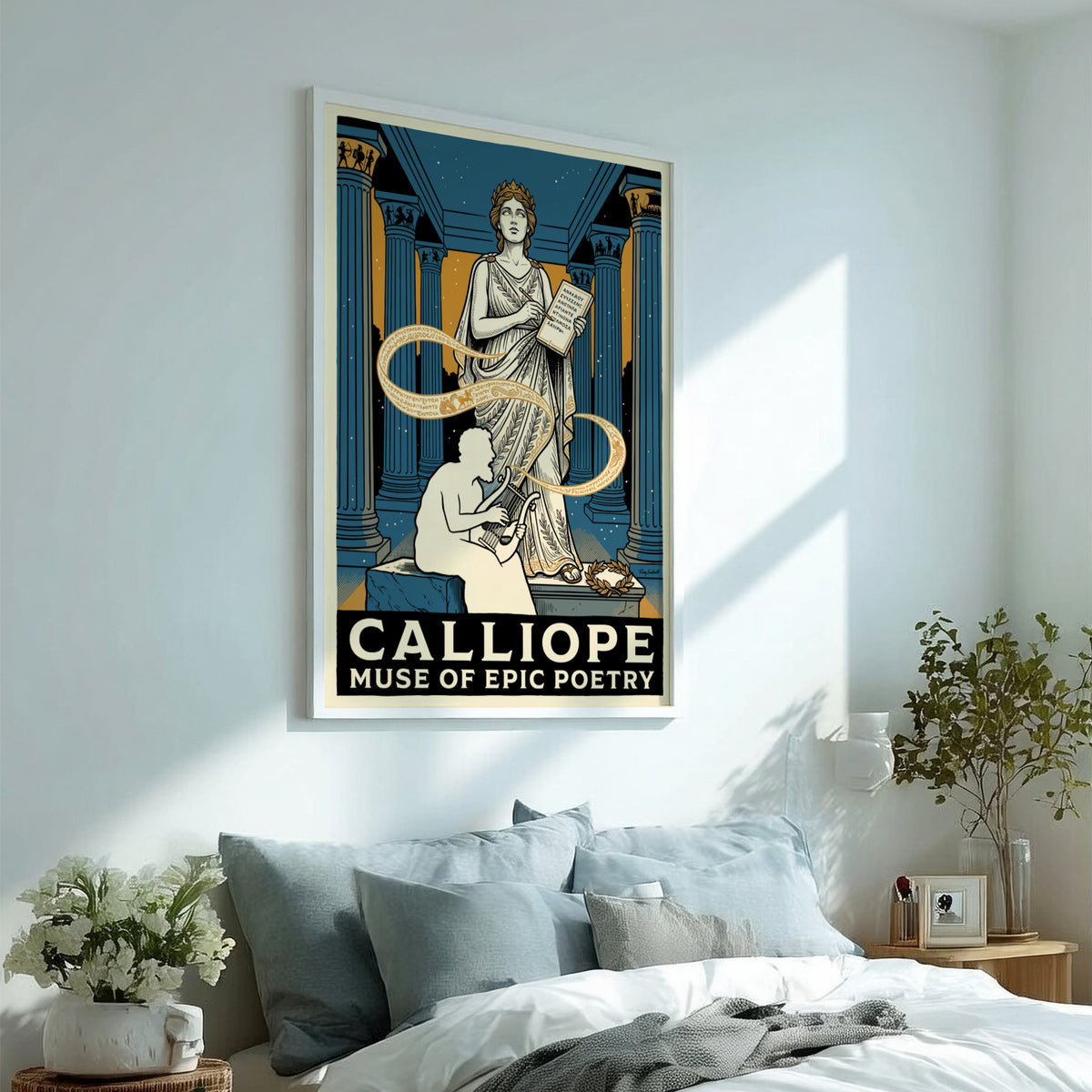 Poster featuring Calliope the muse of epic poetry with a seated musician in blue