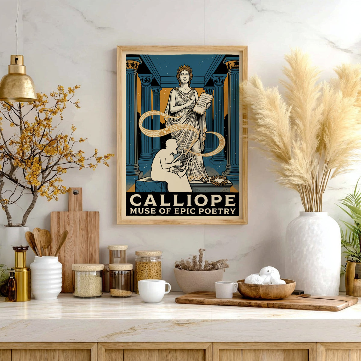 Poster featuring Calliope the muse of epic poetry with a seated musician in blue