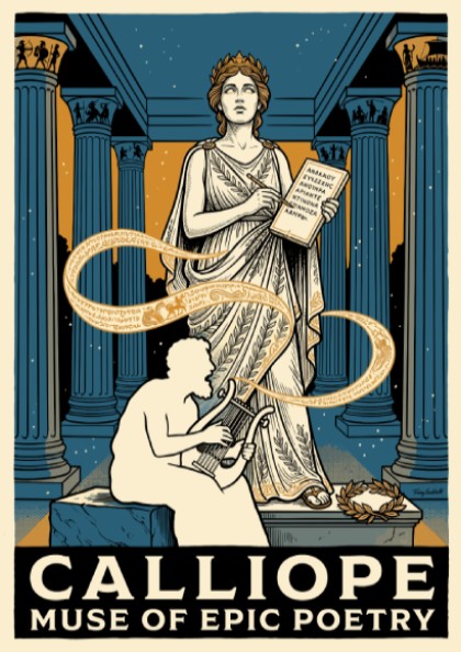 Poster featuring Calliope the muse of epic poetry with a seated musician in blue