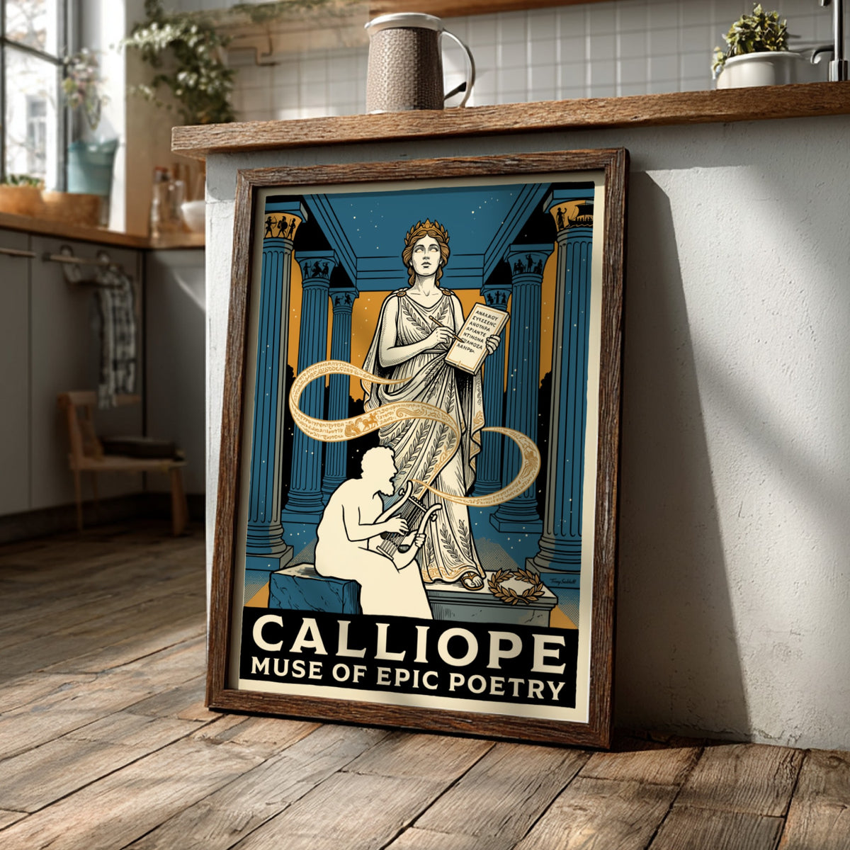 Poster featuring Calliope the muse of epic poetry with a seated musician in blue