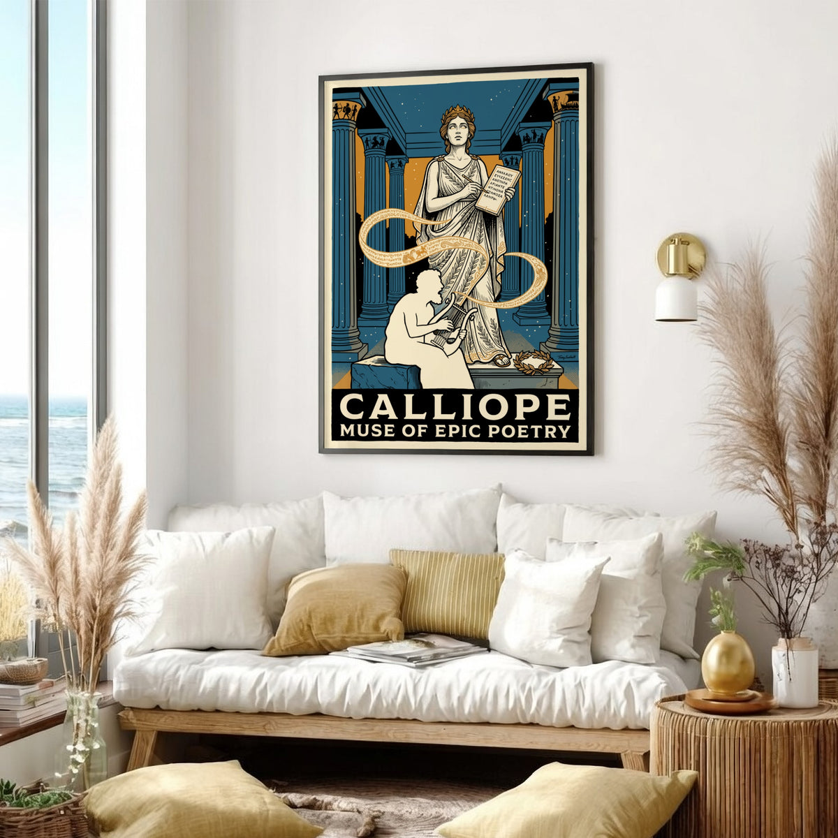 Poster featuring Calliope the muse of epic poetry with a seated musician in blue