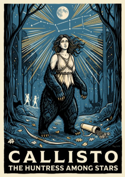 Callisto poster featuring a woman transforming into a bear under a golden constellation