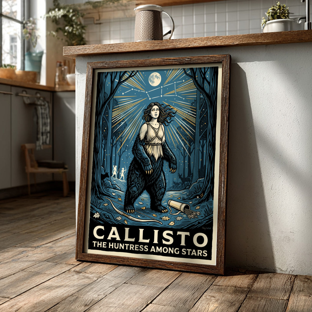 Callisto poster featuring a woman transforming into a bear under a golden constellation
