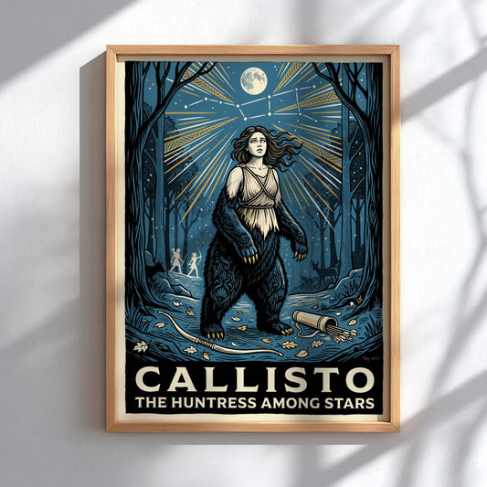 Callisto poster featuring a woman transforming into a bear under a golden constellation