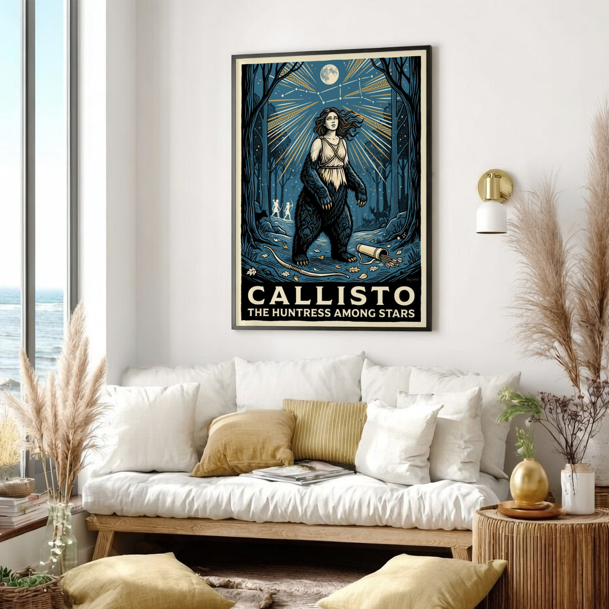 Callisto poster featuring a woman transforming into a bear under a golden constellation
