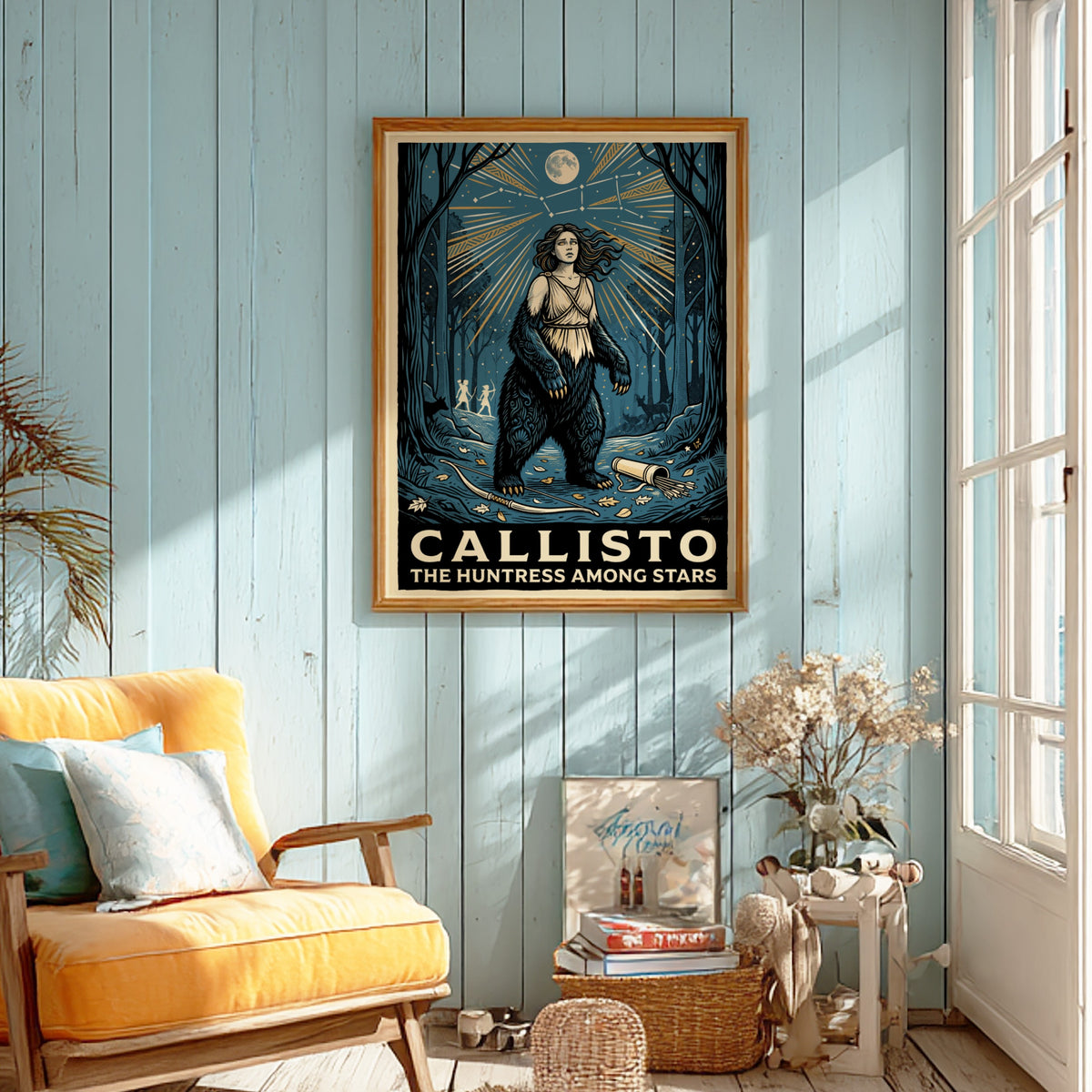 Callisto poster featuring a woman transforming into a bear under a golden constellation