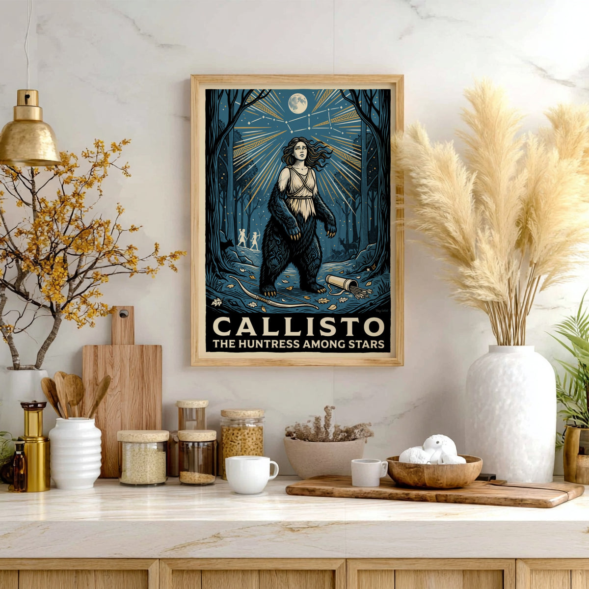 Callisto poster featuring a woman transforming into a bear under a golden constellation
