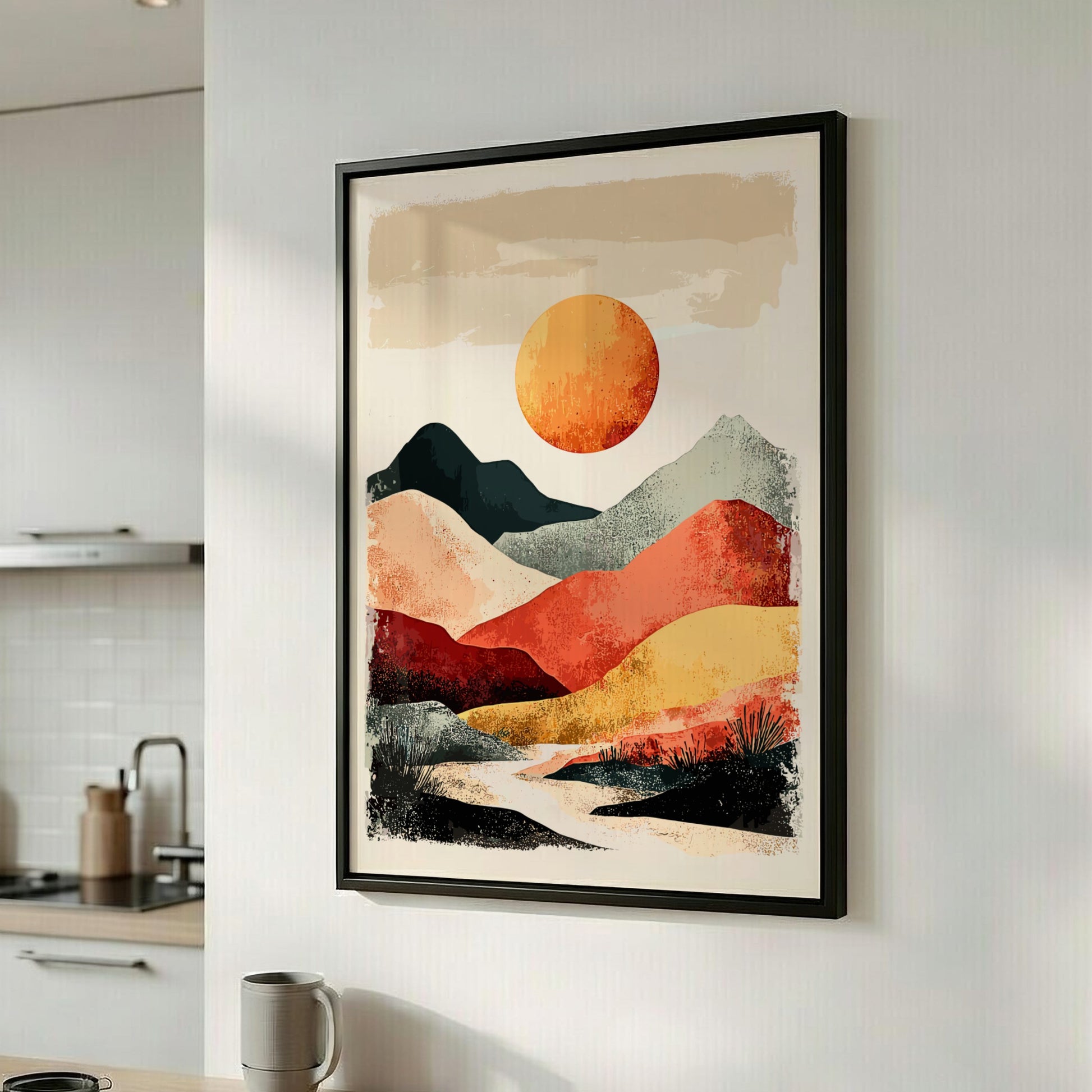 Framed abstract landscape art on a wall in a kitchen