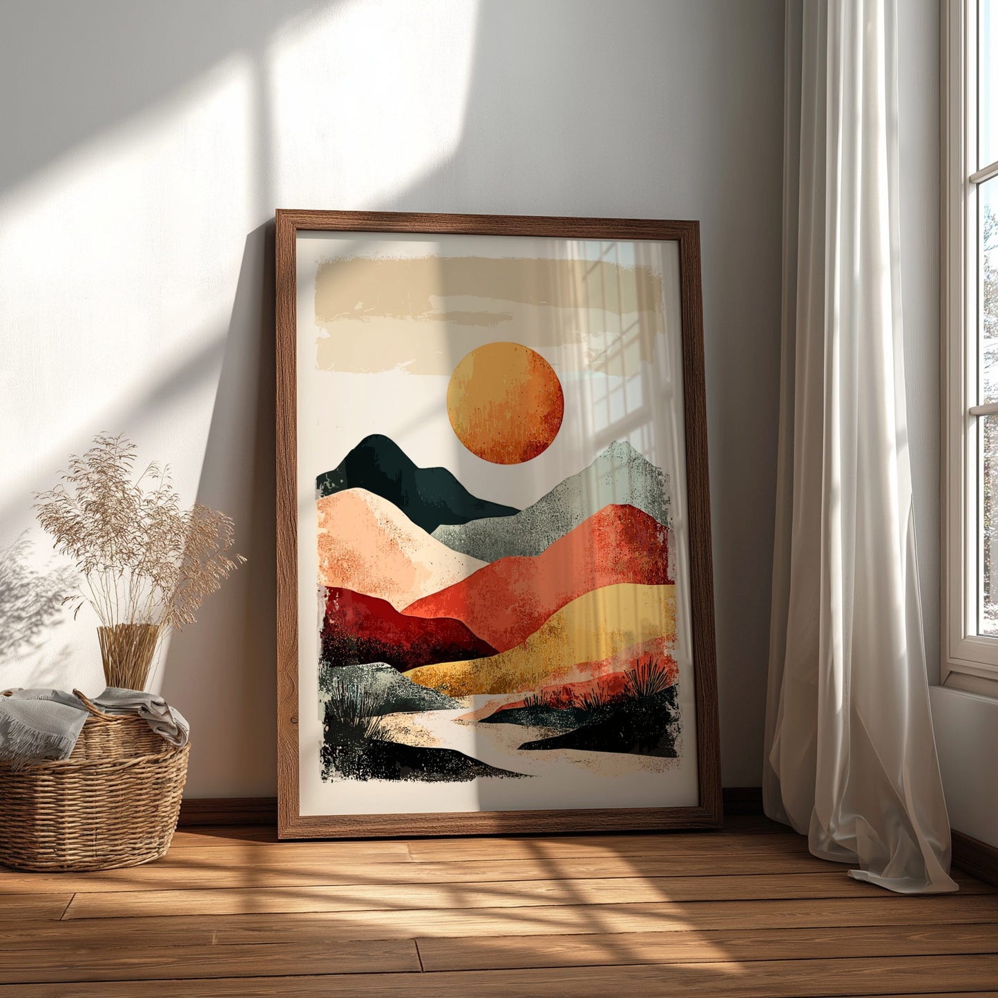Framed abstract landscape art on a wall with natural light
