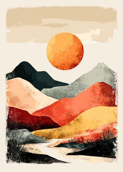 Abstract landscape with colorful mountains and a large orange sun.