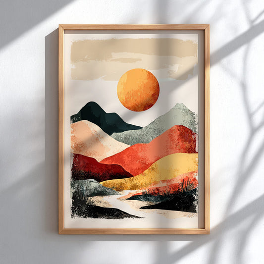 Framed abstract landscape art with a sun and mountains on a white wall.