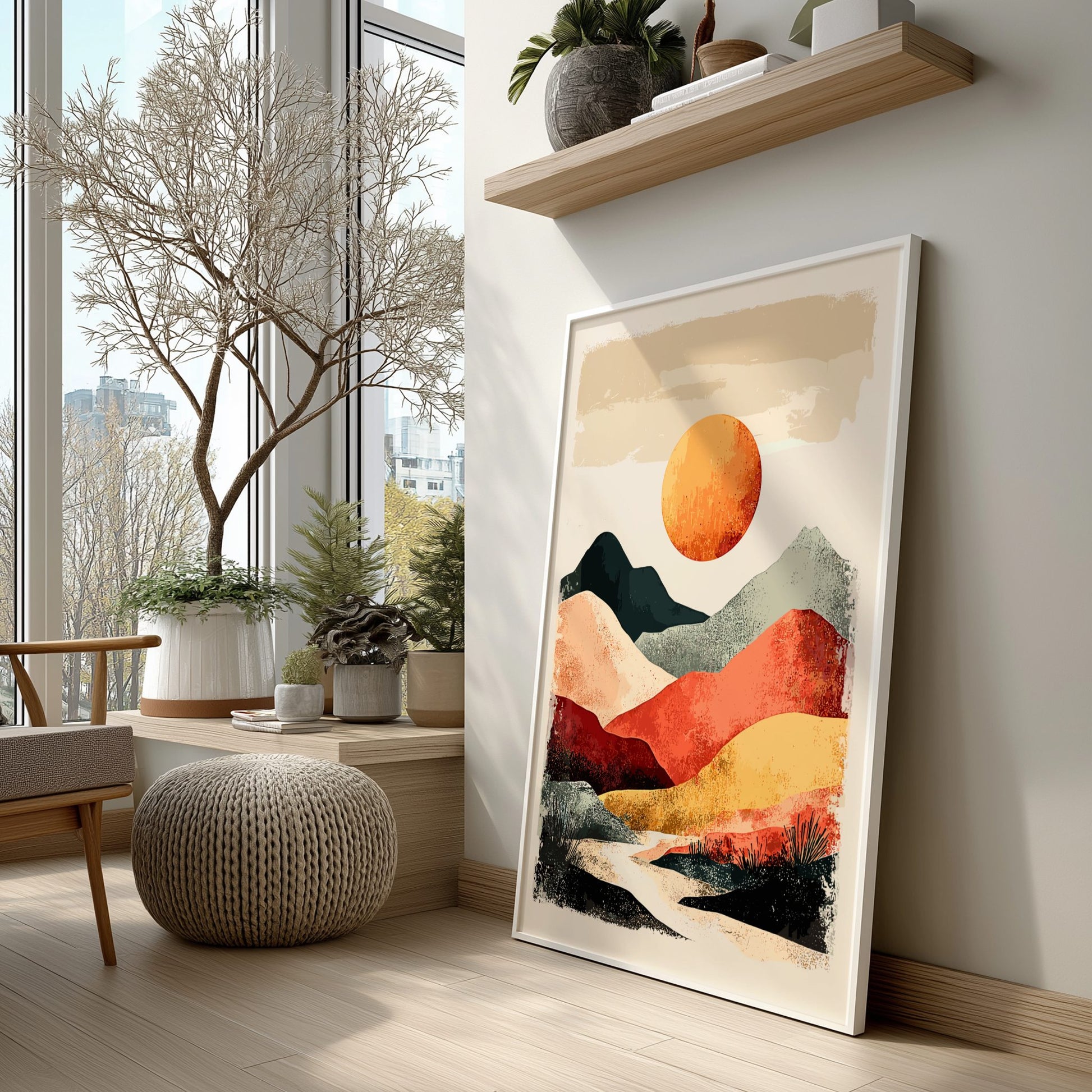 Modern interior with a colorful abstract landscape painting on the wall.