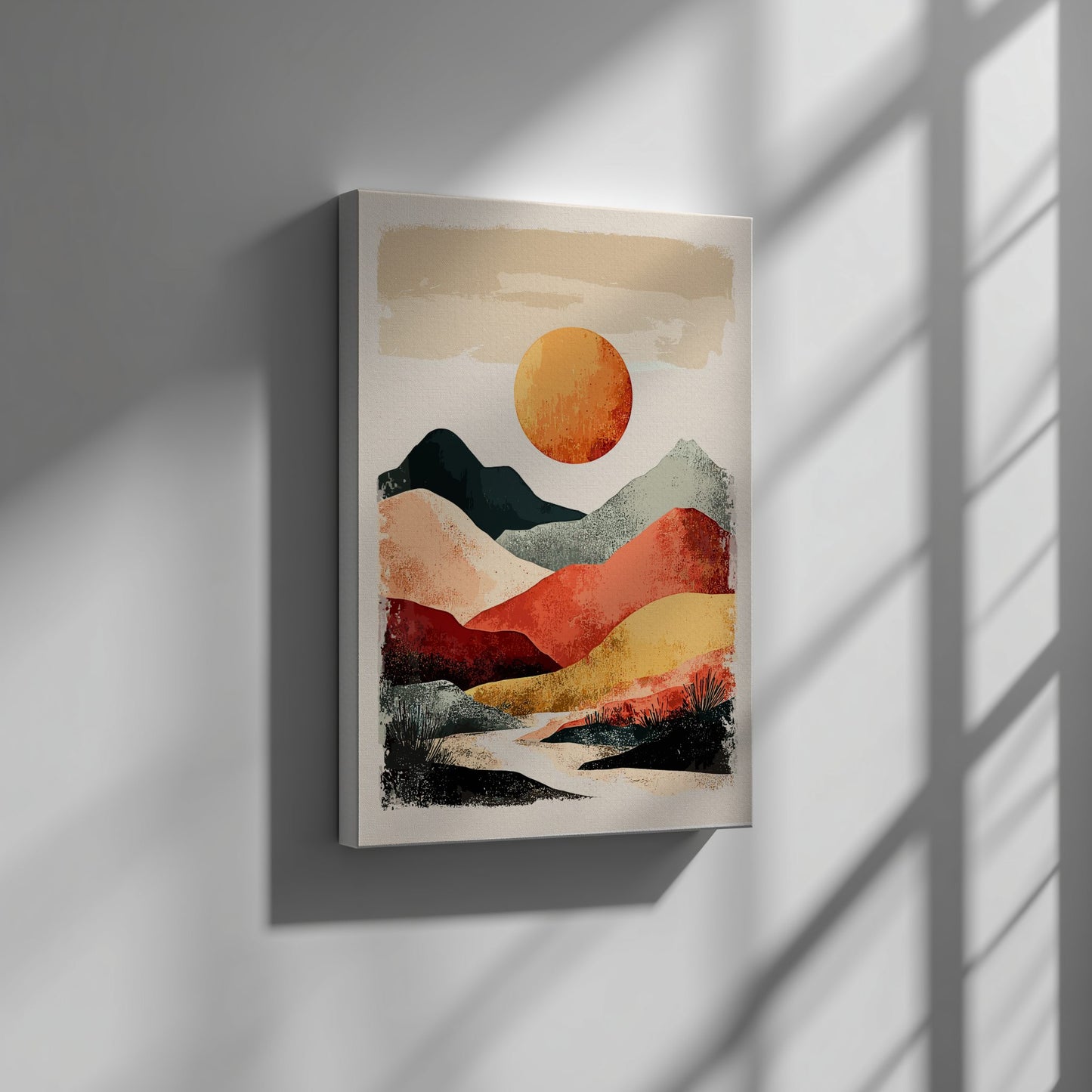 Canvas of a landscape painting with a sun and mountains on a wall.