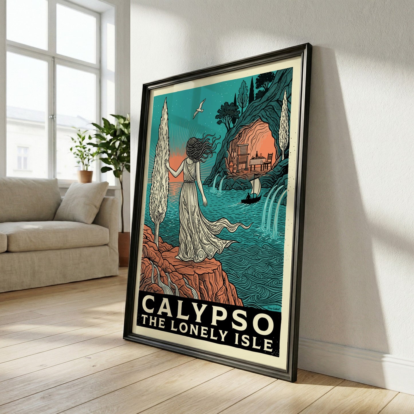 Calypso Greek Mythology Poster featuring a woman on a cliff overlooking the sea, with a cave in the