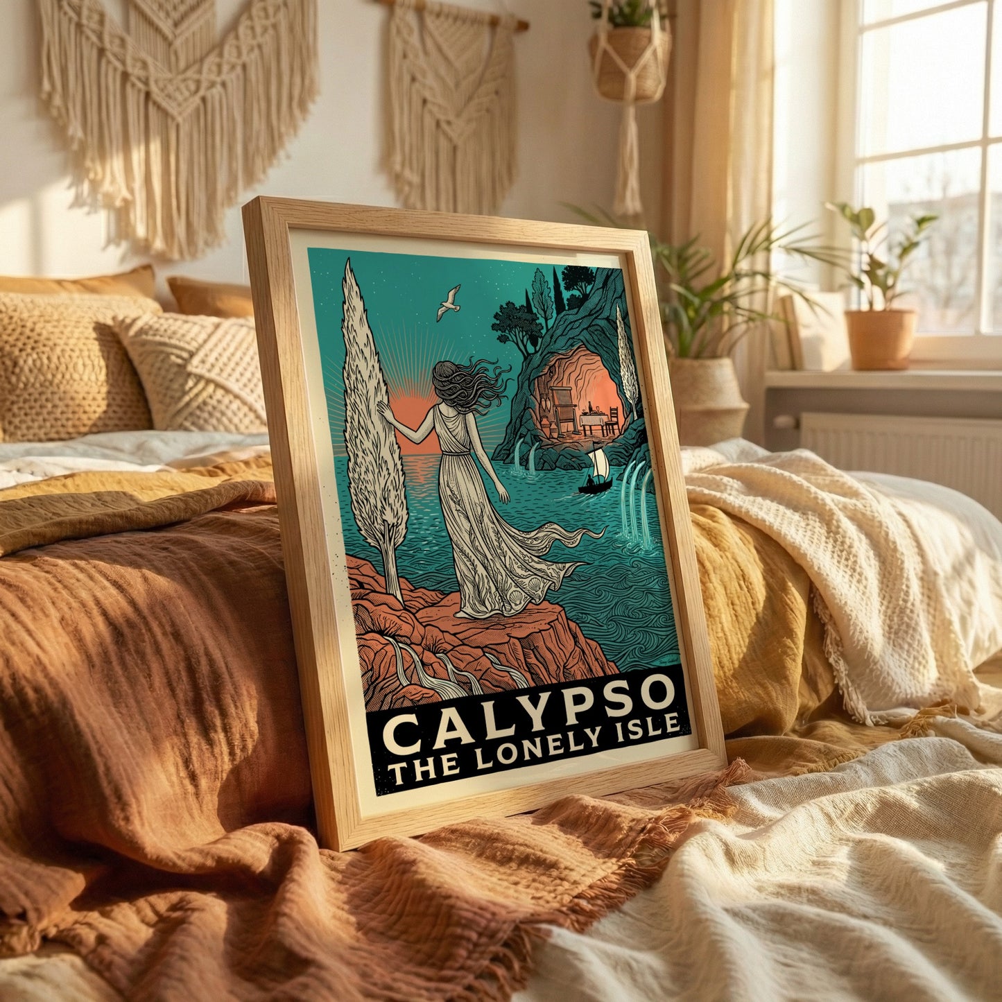 Calypso Greek Mythology Poster featuring a woman on a cliff overlooking the sea, with a cave in the