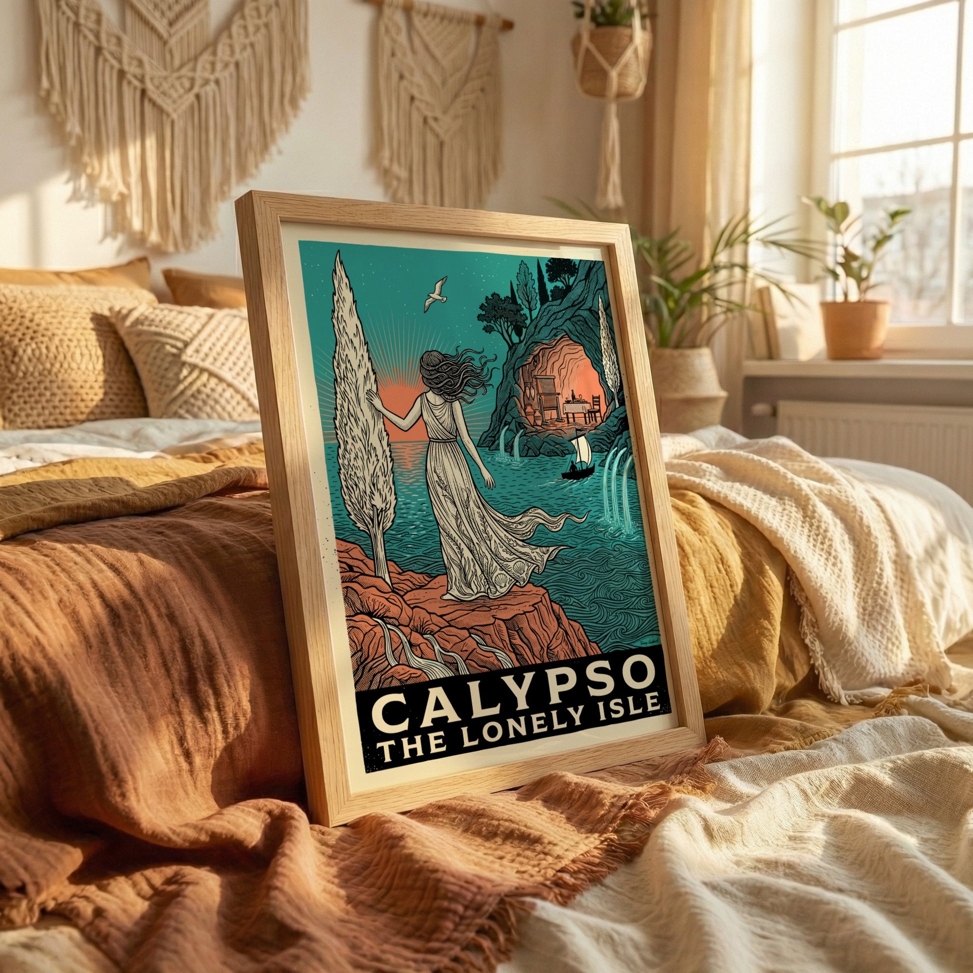 Calypso Greek Mythology Poster featuring a woman on a cliff overlooking the sea, with a cave in the