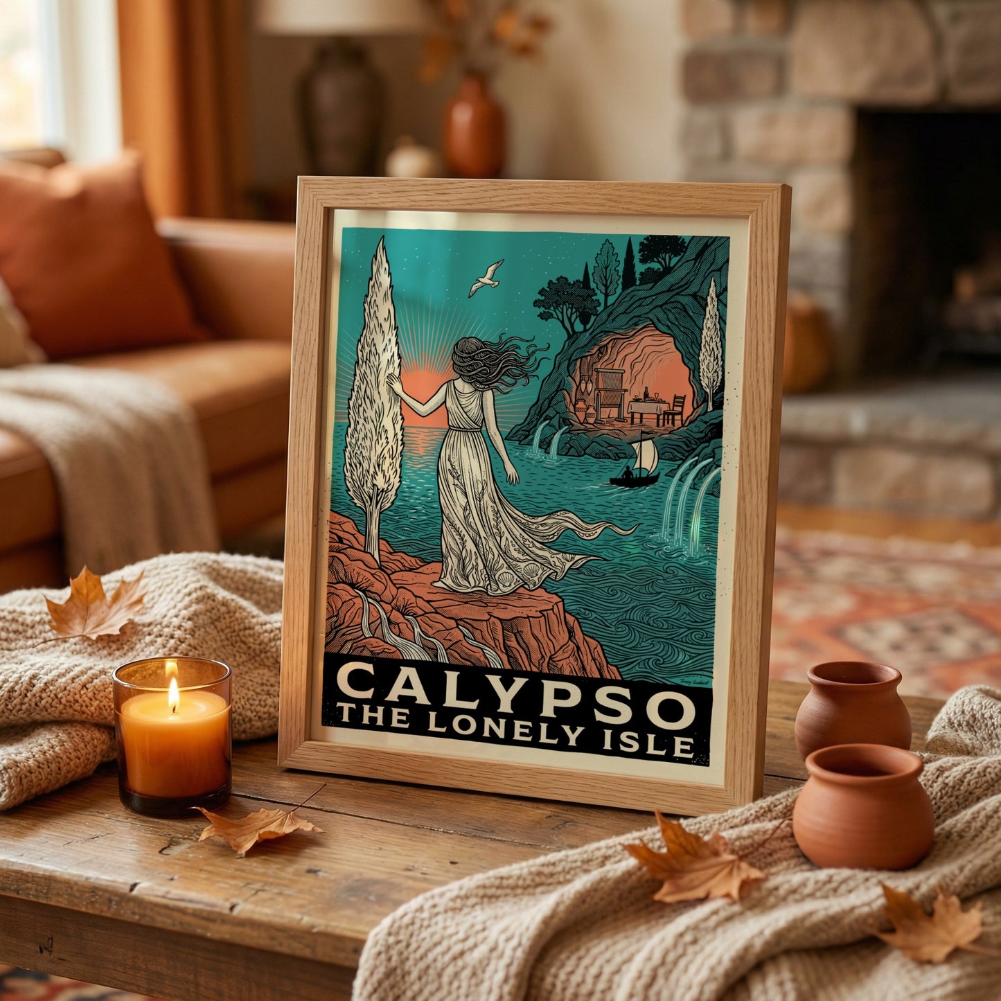 Calypso Greek Mythology Poster featuring a woman on a cliff overlooking the sea, with a cave in the