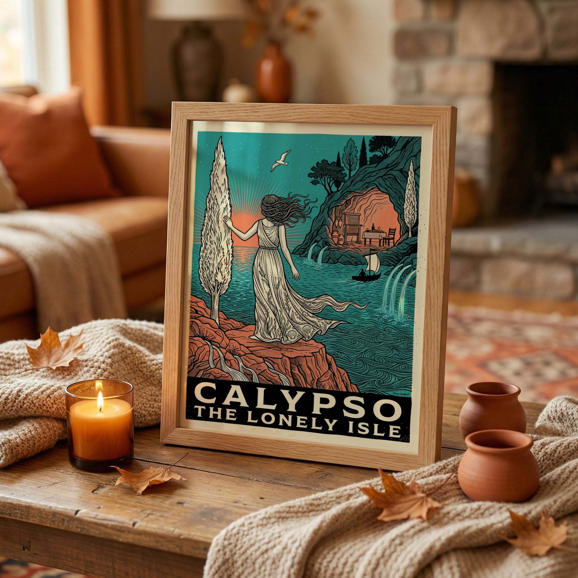 Calypso Greek Mythology Poster featuring a woman on a cliff overlooking the sea, with a cave in the