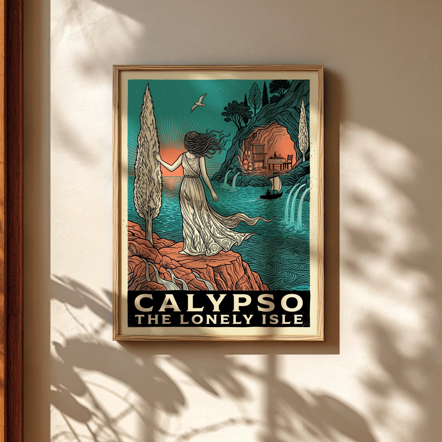 Calypso Greek Mythology Poster featuring a woman on a cliff overlooking the sea, with a cave in the
