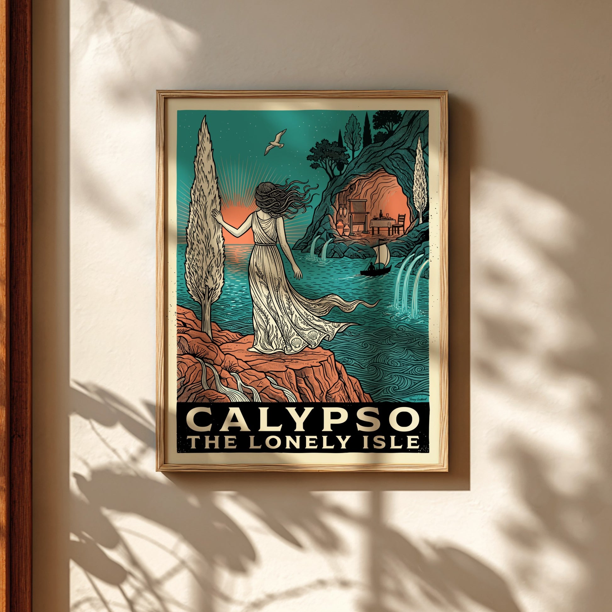 Calypso Greek Mythology Poster featuring a woman on a cliff overlooking the sea, with a cave in the