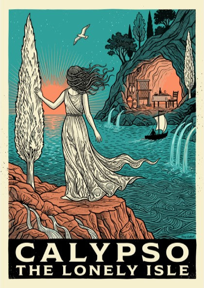 Calypso Greek Mythology Poster featuring a woman on a cliff overlooking the sea, with a cave in the