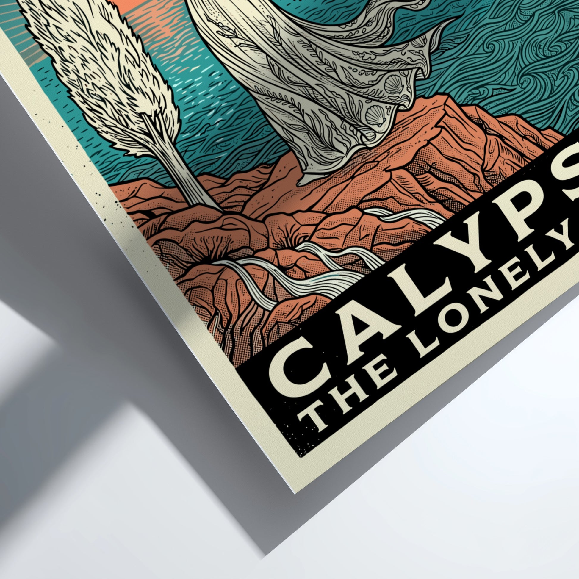 Calypso Greek Mythology Poster featuring a woman on a cliff overlooking the sea, with a cave in the
