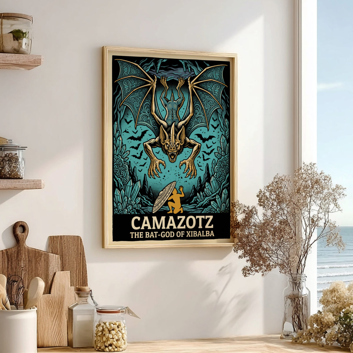 Poster featuring the Mayan bat-god Camazotz with wings spread above a kneeling figure.