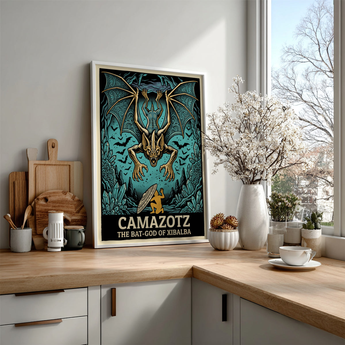 Poster featuring the Mayan bat-god Camazotz with wings spread above a kneeling figure.