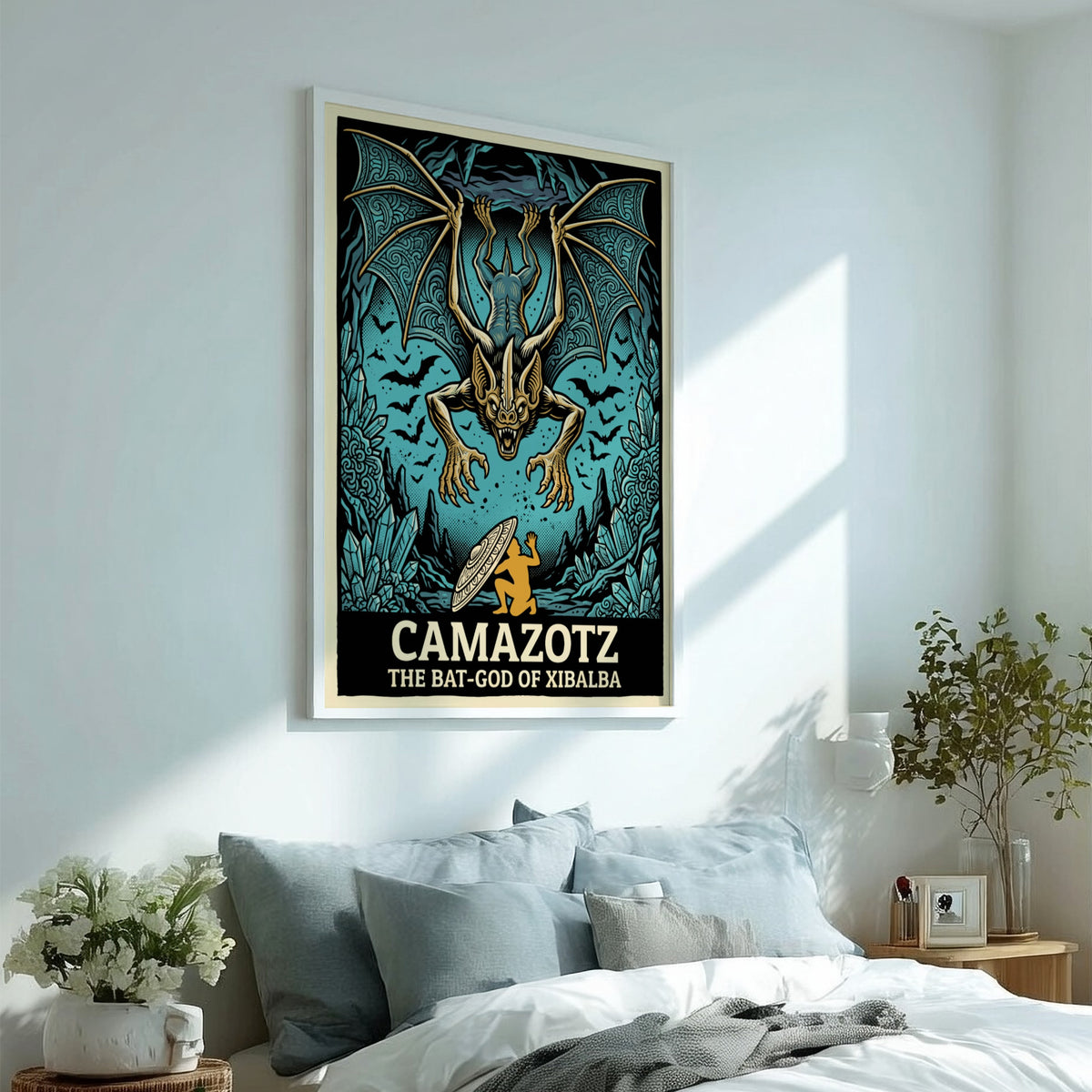 Poster featuring the Mayan bat-god Camazotz with wings spread above a kneeling figure.