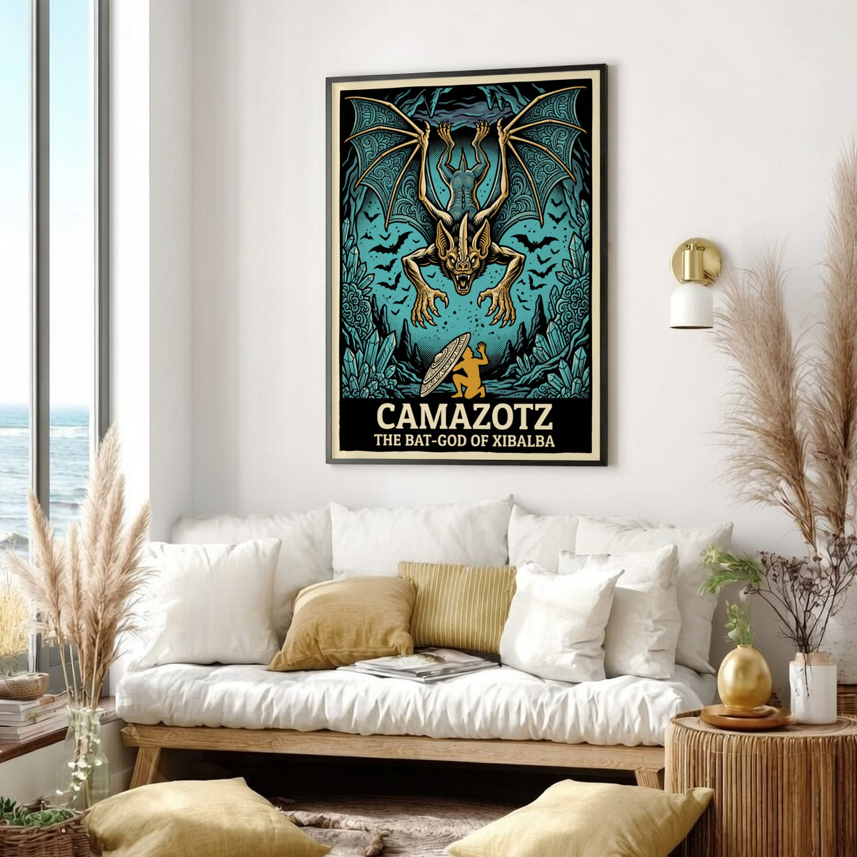 Poster featuring the Mayan bat-god Camazotz with wings spread above a kneeling figure.