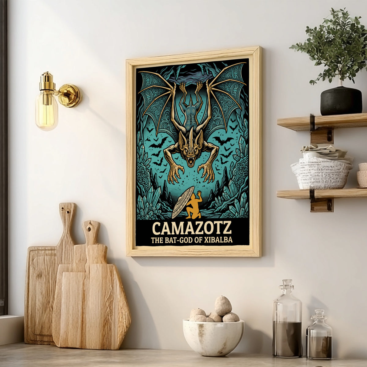Poster featuring the Mayan bat-god Camazotz with wings spread above a kneeling figure.