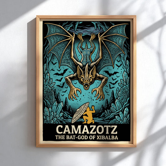Poster featuring the Mayan bat-god Camazotz with wings spread above a kneeling figure.