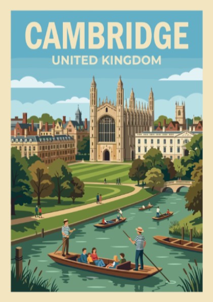 Poster of Cambridge United Kingdom featuring historic stone architecture and punts on the river.