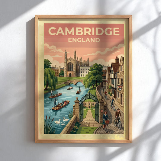 Travel poster of Cambridge England featuring historic architecture, river punts, and cyclists outdoors.