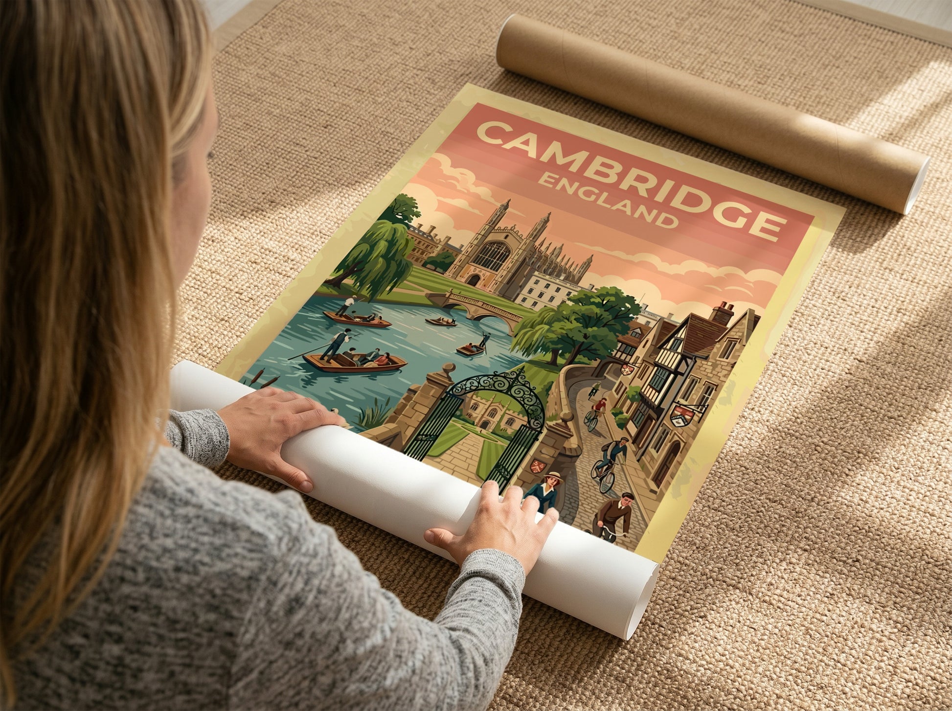 Travel poster of Cambridge England featuring historic architecture, river punts, and cyclists outdoors.