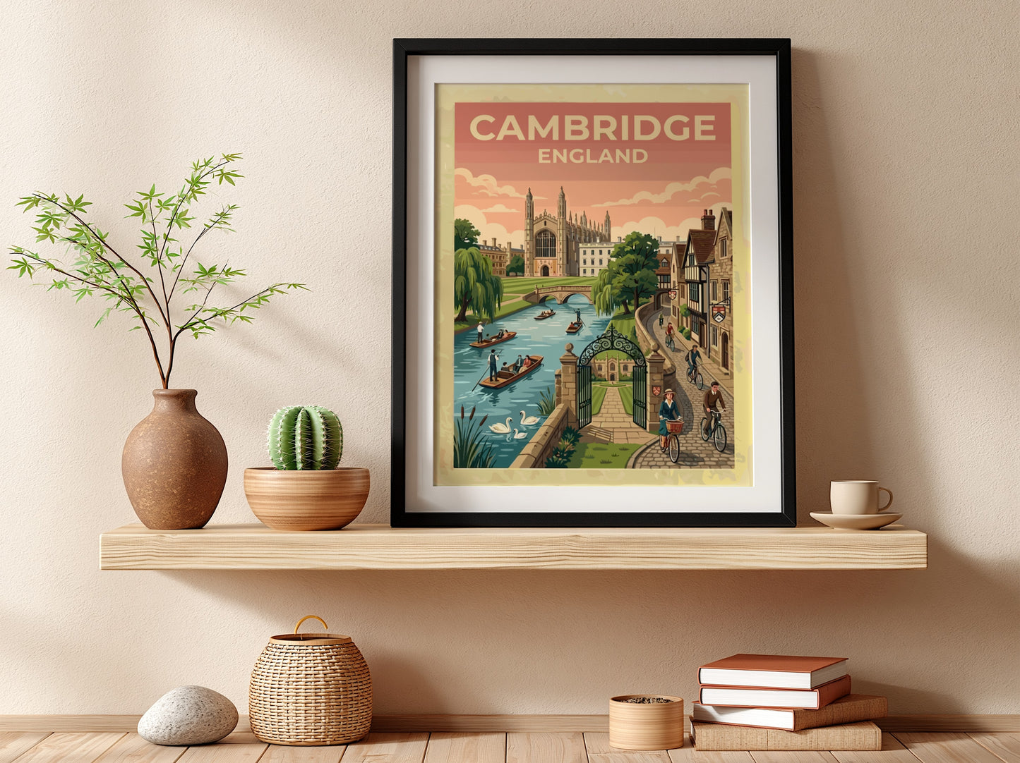 Travel poster of Cambridge England featuring historic architecture, river punts, and cyclists outdoors.
