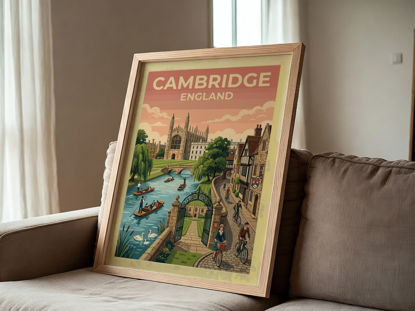 Travel poster of Cambridge England featuring historic architecture, river punts, and cyclists outdoors.