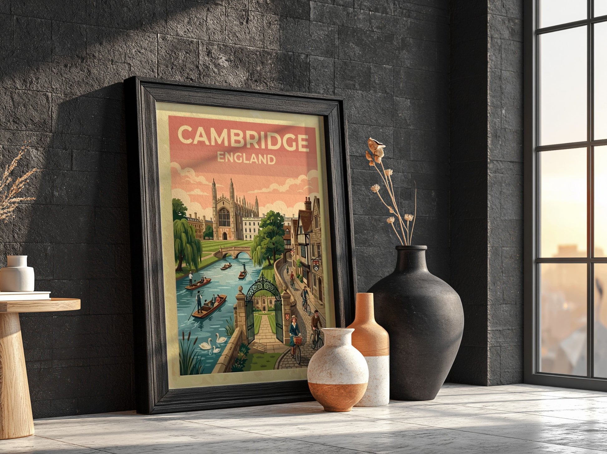 Travel poster of Cambridge England featuring historic architecture, river punts, and cyclists outdoors.