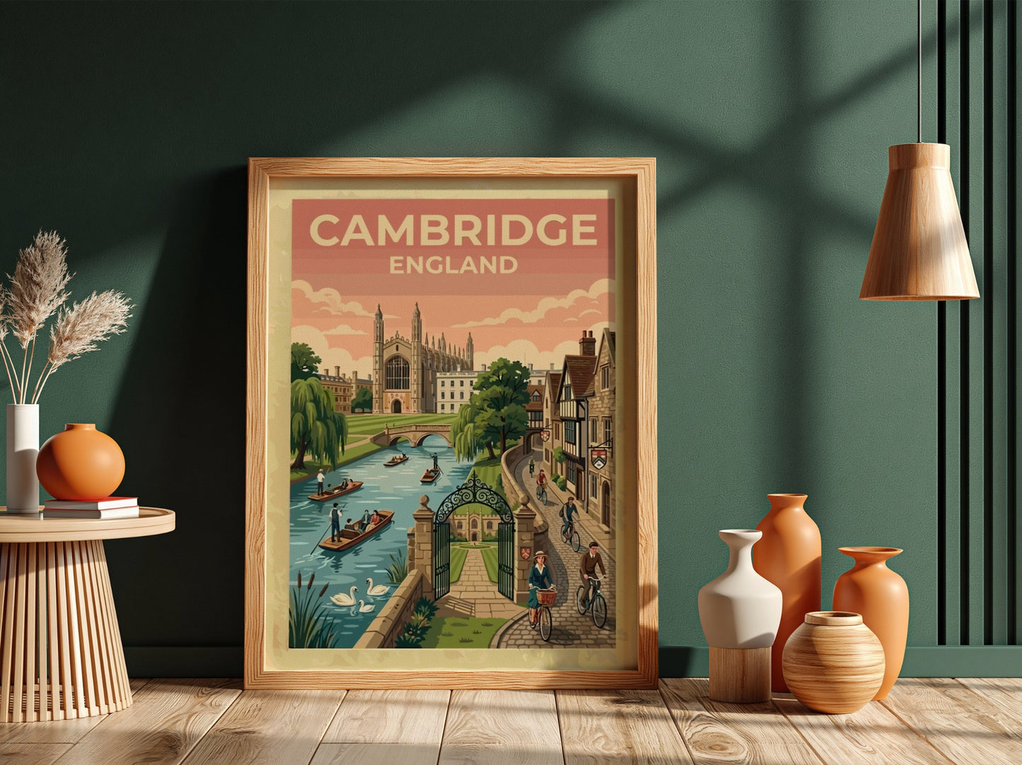 Travel poster of Cambridge England featuring historic architecture, river punts, and cyclists outdoors.