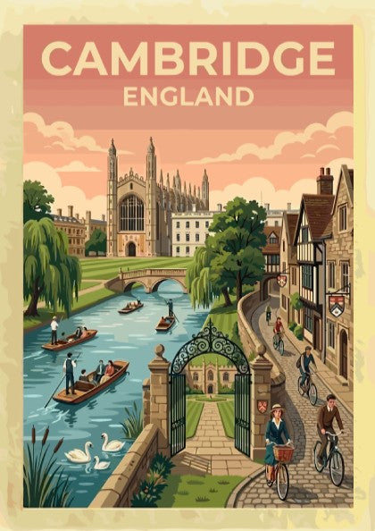 Travel poster of Cambridge England featuring historic architecture, river punts, and cyclists outdoors.