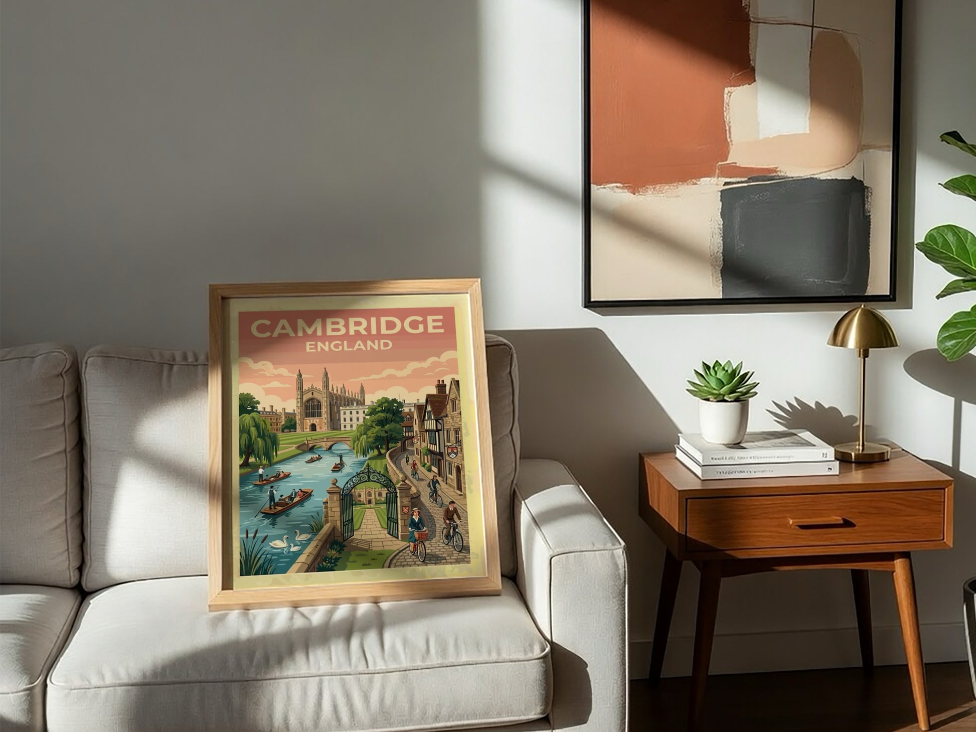 Travel poster of Cambridge England featuring historic architecture, river punts, and cyclists outdoors.