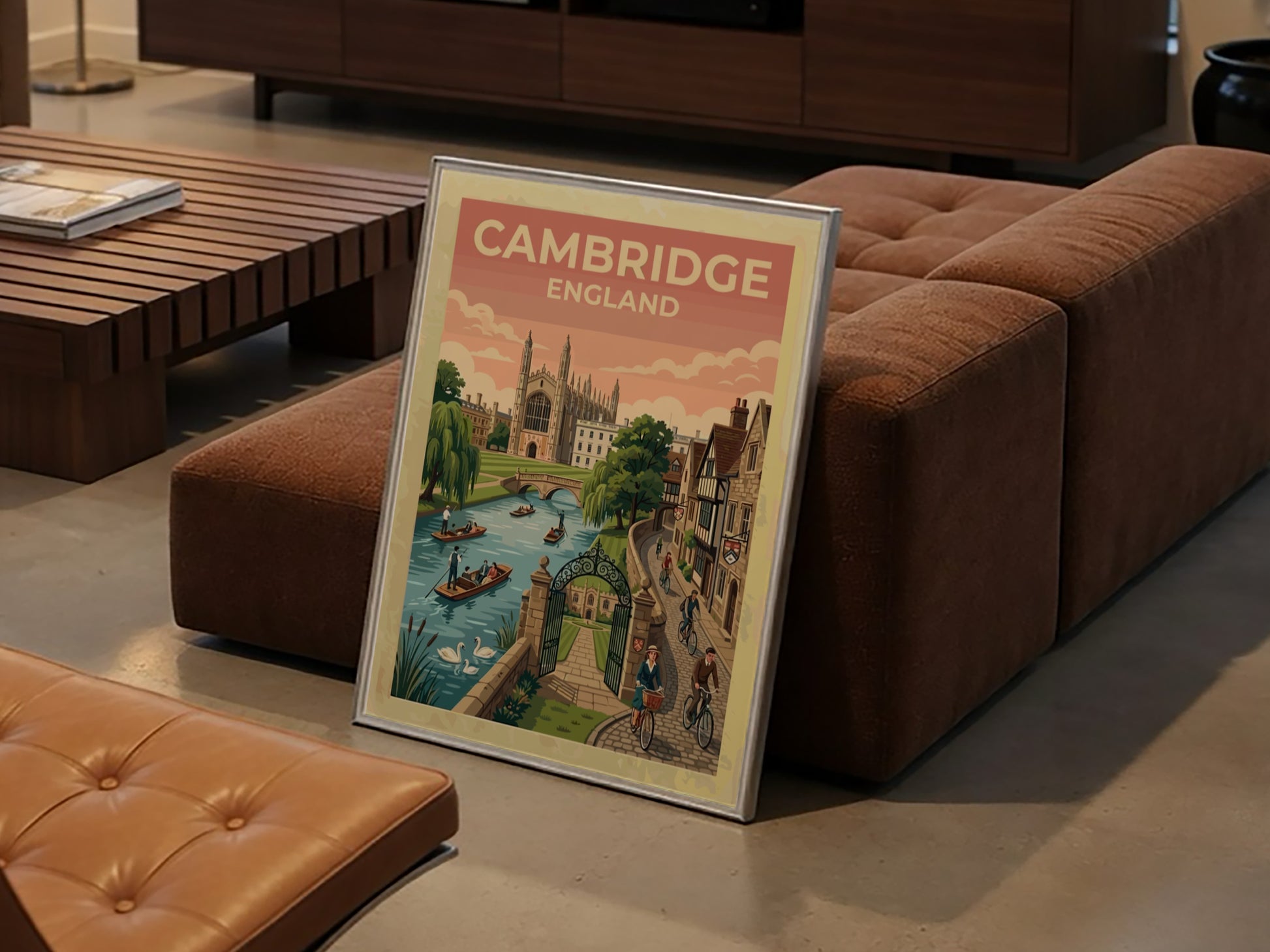 Travel poster of Cambridge England featuring historic architecture, river punts, and cyclists outdoors.