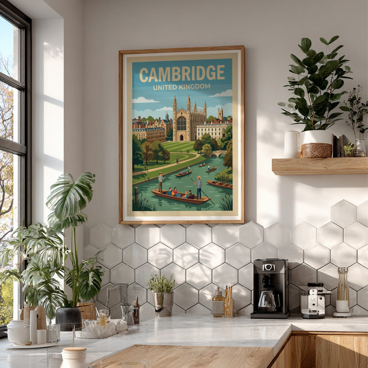 Poster of Cambridge United Kingdom featuring historic stone architecture and punts on the river.