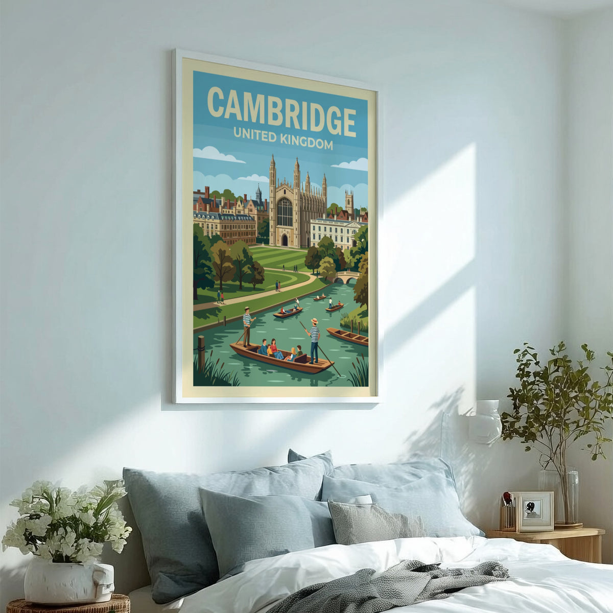 Poster of Cambridge United Kingdom featuring historic stone architecture and punts on the river.