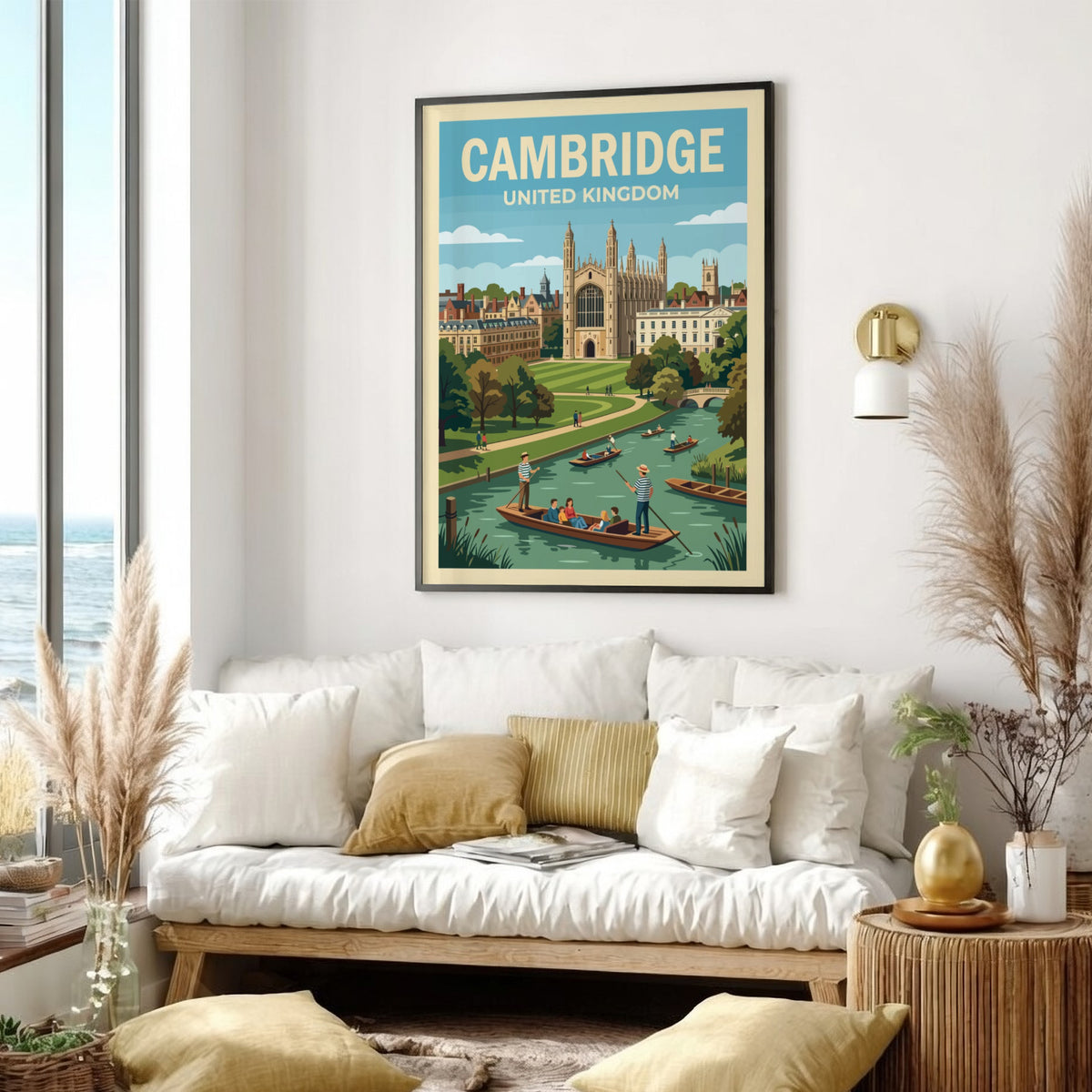 Poster of Cambridge United Kingdom featuring historic stone architecture and punts on the river.